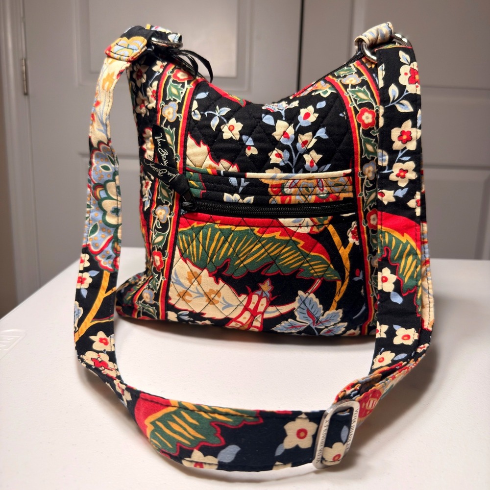 Vera Bradley Floral Quilted Cotton Crossbody Bag Shoulder Purse Black Multi